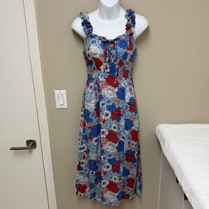 NEW! Japna Sleeveless Sundress + Hair Tie Red White Blue Floral Print Size Small